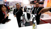 The CloudMinds XR-1 robot performs for visitors at the Mobile World Congress in Barcelona, Spain, Feb. 25, 2019.