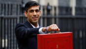Britain's Chancellor of the Exchequer Rishi Sunak holds the budget box outside his office in Downing Street in London