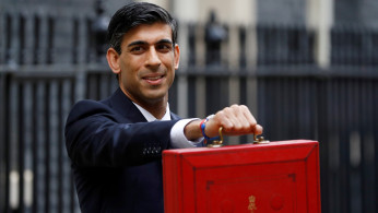 Britain's Chancellor of the Exchequer Rishi Sunak holds the budget box outside his office in Downing Street in London