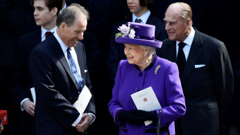 FILE PHOTO: David Armstrong-Jones speak to Britain's Queen Elizabeth and Prince Philip as they leave a Service of Thanksgiving for the life and work of Lord Snowdon at Westminster Abbey in London