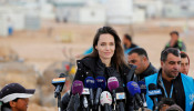 Actor Angelina Jolie, UNHCR Special Envoy, speaks during a news conference at the Al Zaatri refugee camp, in the Jordanian city of Mafraq, near the border with Syria, January 28, 2018. REUTERS/Muhammad Hamed