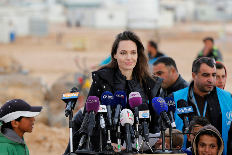 Actor Angelina Jolie, UNHCR Special Envoy, speaks during a news conference at the Al Zaatri refugee camp, in the Jordanian city of Mafraq, near the border with Syria, January 28, 2018. REUTERS/Muhammad Hamed