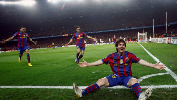 FILE PHOTO: Barcelona's Messi celebrates after scoring against Arsenal during their Champions League quarter-final soccer match in Barcelona