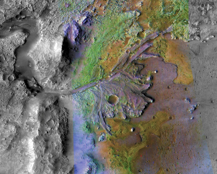 Fans and deltas formed by water and sediment are seen in the Jezero Crater on Mars