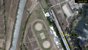 Special train possibly belonging to North Korean leader Kim Jong Un is seen in a satellite image over Wonsan