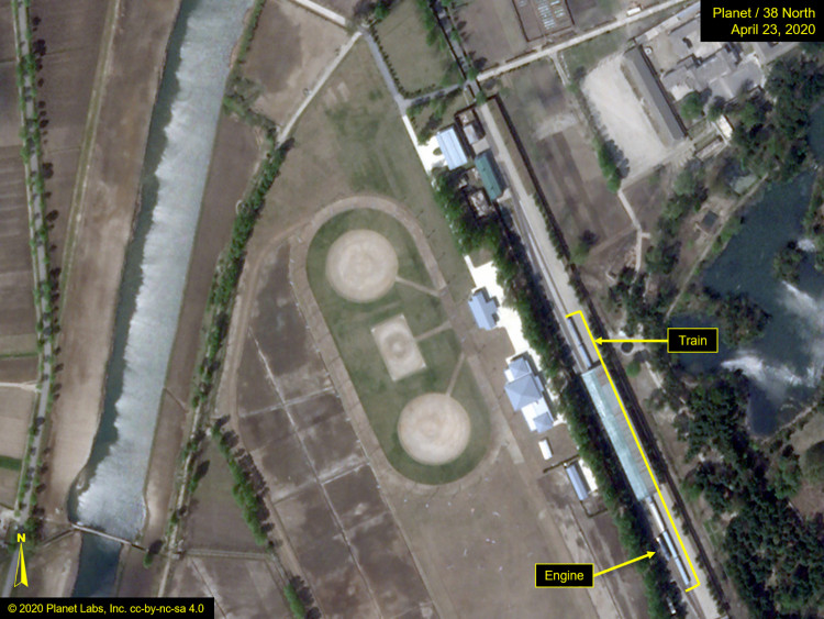 Special train possibly belonging to North Korean leader Kim Jong Un is seen in a satellite image over Wonsan