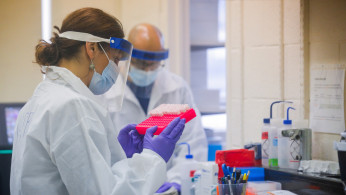 Scientists work in a lab testing COVID-19 samples at New York City's health department