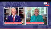 Democratic U.S. presidential candidate Joe Biden reacts as Hillary Clinton endorses him for president during online town hall