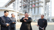 North Korean leader Kim Jong Un attends the completion of a fertiliser plant, in a region north of the capital, Pyongyang