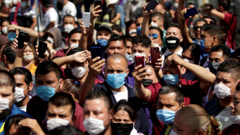 FILE PHOTO: Employees of Electrocomponentes de Mexico are seen during a protest to halt work amid the spread of the coronavirus disease (COVID-19), in Ciudad Juarez