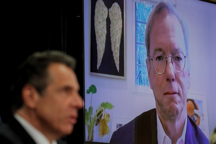 New York Governor Andrew Cuomo introduces former Google CEO Eric Schmidt at a daily briefing at North Shore University Hospital, during the outbreak of the coronavirus disease (COVID-19) in Manhasset, New York