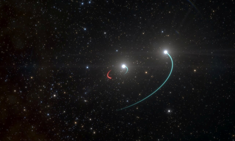 Artist's impression depicts the orbits of the two stars and the black hole in the HR 6819 triple system