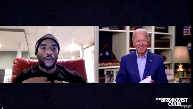 U.S. Democratic presidential candidate Joe Biden participates in a radio interview with host "Charlamagne tha God" remotely from Biden's home in Wilmington, Delaware