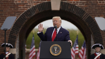 U.S. President Donald Trump speaks during ceremonies commemorating the Memorial Day holiday at Fort McHenry in Baltimore