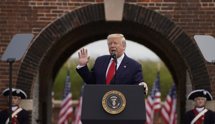U.S. President Donald Trump speaks during ceremonies commemorating the Memorial Day holiday at Fort McHenry in Baltimore