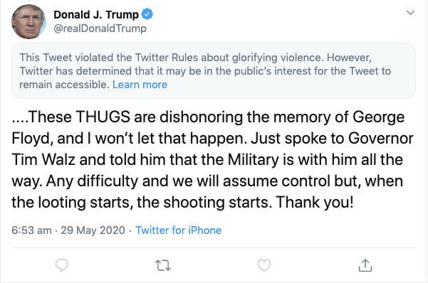 A screenshot of a tweet by U.S President Donald Trump posted on May 29, 2020. 