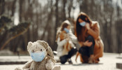 Teddy bear wearing surgical mask.
