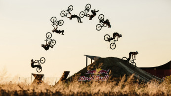 Mountain bike rider Szymon Godziek performs during the production of the Extension Man project in Proszkowice, Poland on August 23, 2017. 