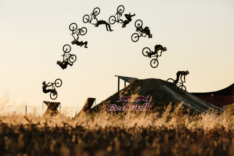 Mountain bike rider Szymon Godziek performs during the production of the Extension Man project in Proszkowice, Poland on August 23, 2017. 