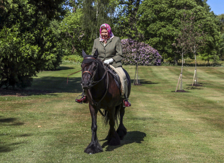 Britain's Queen Elizabeth II rides Balmoral Fern, a 14-year-old Fell pony, in Windsor Home Park