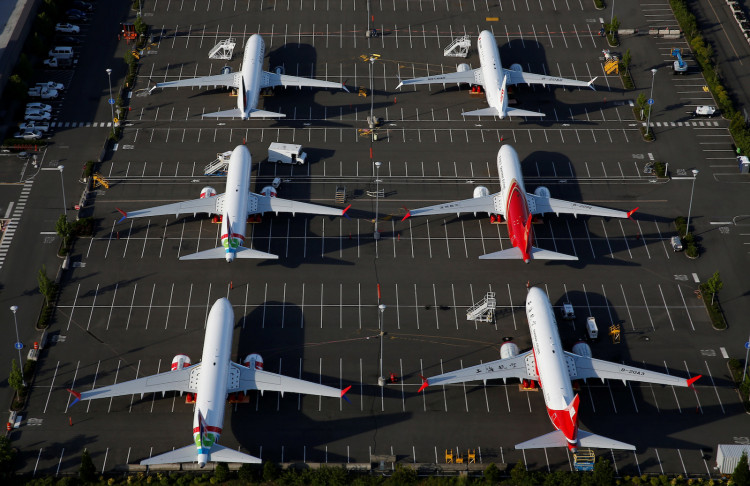 Boeing 737 Max aircraft are parked in a parking lot at Boeing Field in this aerial photo taken over Seattle