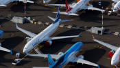 Boeing 737 Max aircraft are parked in a parking lot at Boeing Field in this aerial photo over Seattle