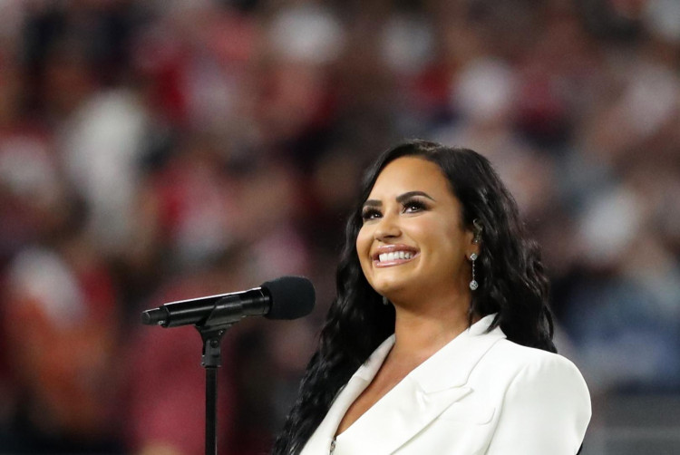 Demi Lovato sings the U.S. national anthem before the start of Super Bowl LIV in Miami. 