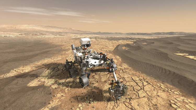 This artist's concept depicts NASA's Mars 2020 rover on the surface of Mars.