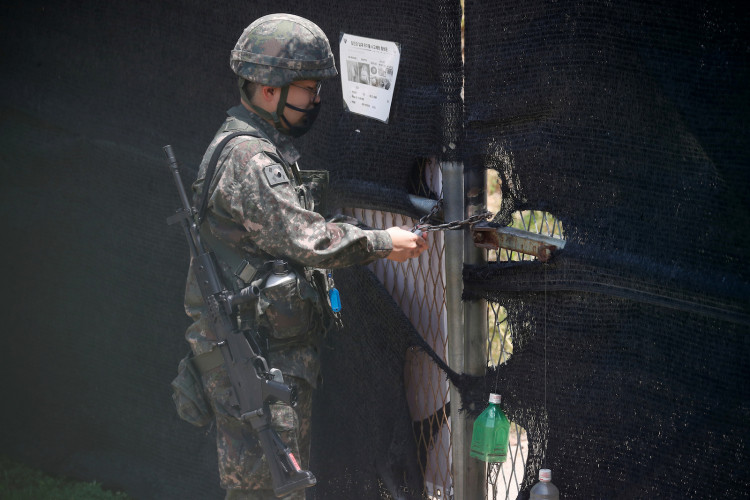 South Korean soldiers stand guard at their guard post near the demilitarized zone separating the two Koreas in Paju, South Korea, June 16, 2020. 