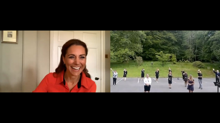 Britain's Catherine, Duchess of Cambridge, is seen during a call with aftercare patients Chris, Claire and Lucy as part of a virtual visit to Clouds House