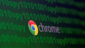 Google Chrome logo is seen near cyber code and words 