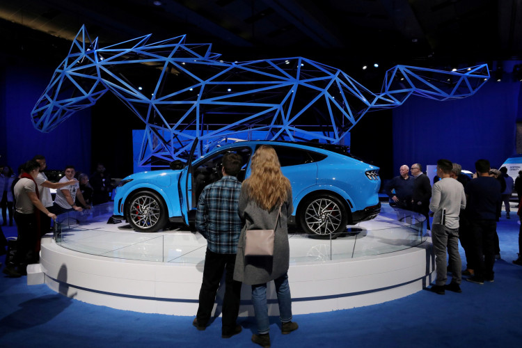 FILE PHOTO: A 2021 Ford Mustang Mach-E SUV is displayed at the Canadian International Auto Show in Toronto
