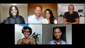 Britain's Prince Harry and Meghan, Duchess of Sussex, speak with young leaders about equal rights