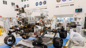 Engineers observe the first driving test for NASA's Perseverance Mars rover