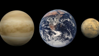 This diagram shows the approximate relative sizes of the terrestrial planets, from left to right: Venus, Earth and Mars