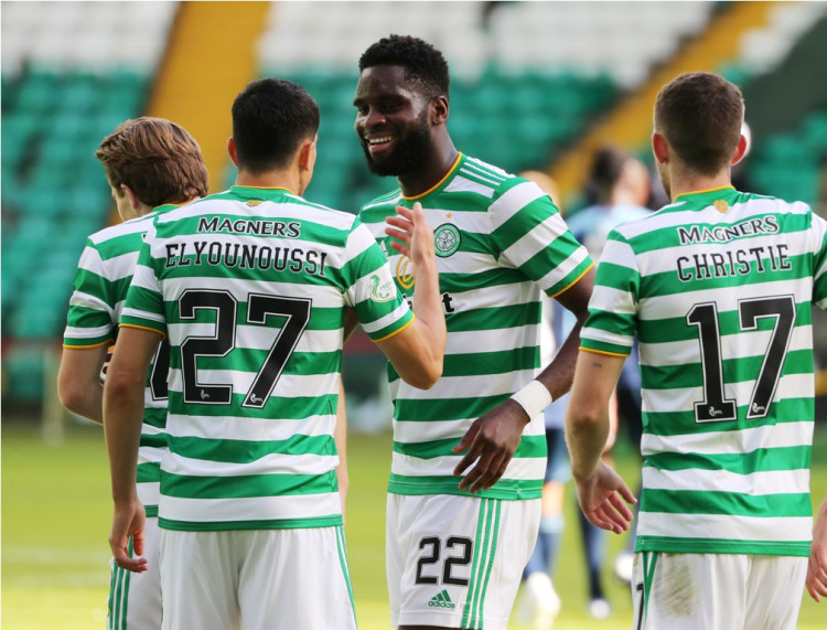 Celtic's Odsonne Edouard celebrates scoring their third goal with teammates