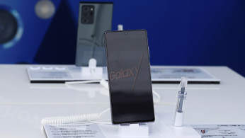 Samsung Electronic's Galaxy Note 20 smartphone is seen on a display during a driving-through event for purchasers in Seoul