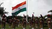 Policemen stand in a line during a flag hoisting function for Independence Day celebrations in Mumbai, India, August 15, 2020. 
