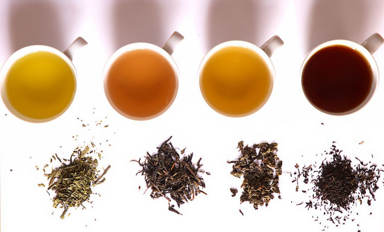 Teas of different levels of oxidation (L to R): green, yellow, oolong, and black
