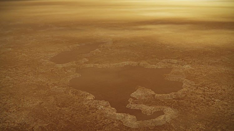 This artist's concept of a lake at the north pole of Saturn's moon Titan 