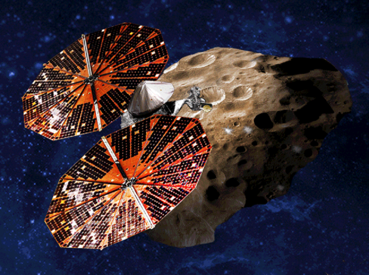 An artist’s conception of the Lucy spacecraft flying by the Trojan Eurybates