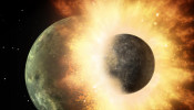 Artist's concept shows a celestial body about the size of our moon slamming at great speed into a body the size of Mercury