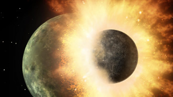 Artist's concept shows a celestial body about the size of our moon slamming at great speed into a body the size of Mercury