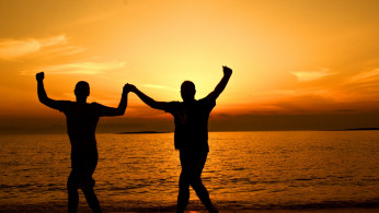 sunset, couple, beach