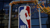 An NBA logo is seen on the facade of its flagship store at the Wangfujing shopping street in Beijing, China