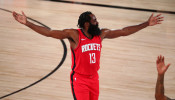 NBA: Houston Rockets guard James Harden (13) reacts after getting called for a foul in the first half against the Los Angeles Lakers