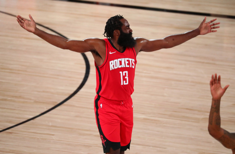 NBA: Houston Rockets guard James Harden (13) reacts after getting called for a foul in the first half against the Los Angeles Lakers