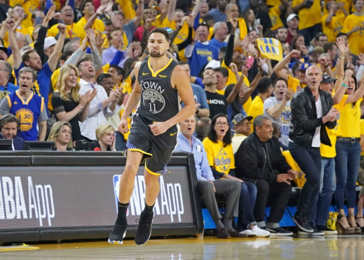 FILE PHOTO: Jun 13, 2019; Oakland, CA, USA; Golden State Warriors guard Klay Thompson (11) reacts after a play during the first quarter against the Toronto Raptors in game six of the 2019 NBA Finals at Oracle Arena
