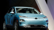 FILE PHOTO: The 2019 Hyundai Kona Electric vehicle is displayed at the New York Auto Show in New York