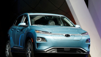FILE PHOTO: The 2019 Hyundai Kona Electric vehicle is displayed at the New York Auto Show in New York